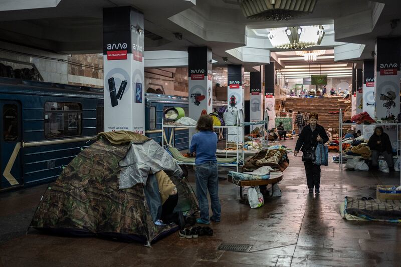 Residents live in a subway station still used as temporary shelter in Kharkiv. Photograph: AP