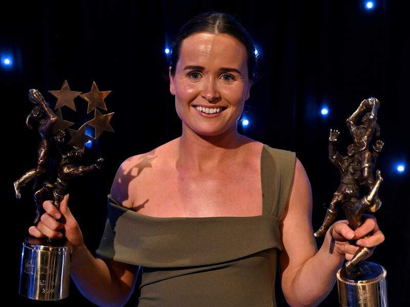 Galway's Nicola Ward with her with 2024 Senior Players' Player of the Year and All-Star awards. Photograph: Brendan Moran/Sportsfile