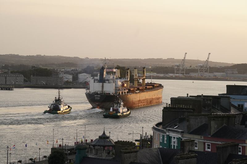 The MV Matthew is escorted into Cobh. There is suspicion the vessel may have dropped off drugs to a smaller boat near the Canaries. Photograph: Niall Carson