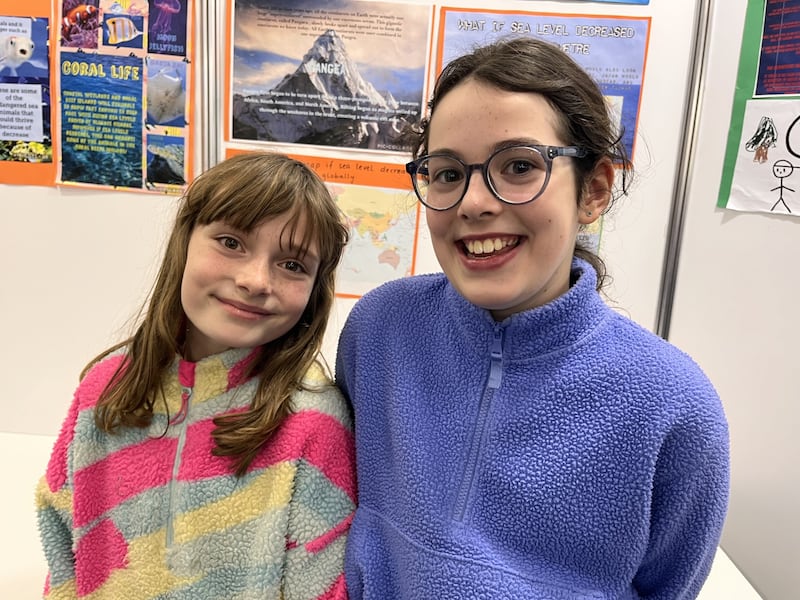 Kate and Emily, fifth-class pupils from Dún Laoghaire Educate Together National School, whose class examined what would happen the Earth with a dramatic drop in sea-level. Photograph: Kevin O'Sullivan