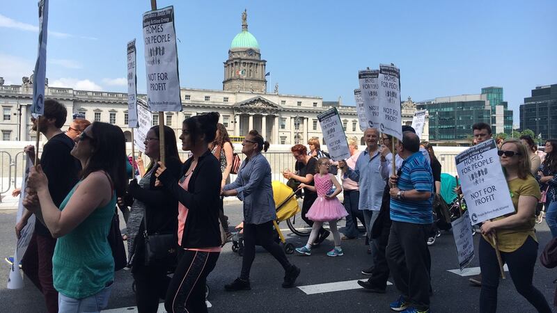 Protesters marching in Dublin to demand that the Government declare a national housing emergency. Photograph: Cyril Byrne/The Irish Times