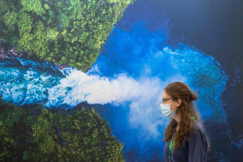 A participant walks past a waterfall poster during the Cop15 summit in Montreal. Photograph: Lars Hagberg/AFP via Getty Images