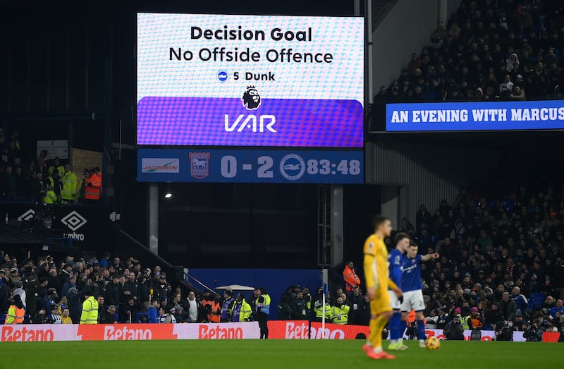 A VAR check clears Georginio Rutter's goal for Brighton. Photograph: Mike Hewitt/Getty Images