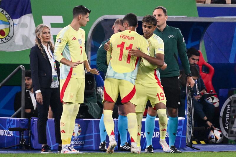 Spain's exceptional young forward Lamine Yamal replaces Ferran Torres. Photograph: Alberto Pizzoli/AFP via Getty Images