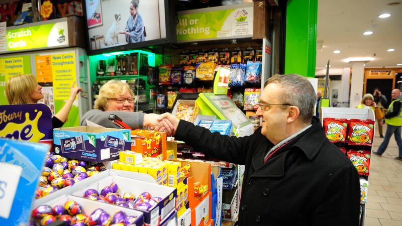 Talking shop: Sinn Féin candidate  Mícheál Mac Donncha meets Mary Duggan in Donaghmede, Dublin. Photograph: Aidan Crawley