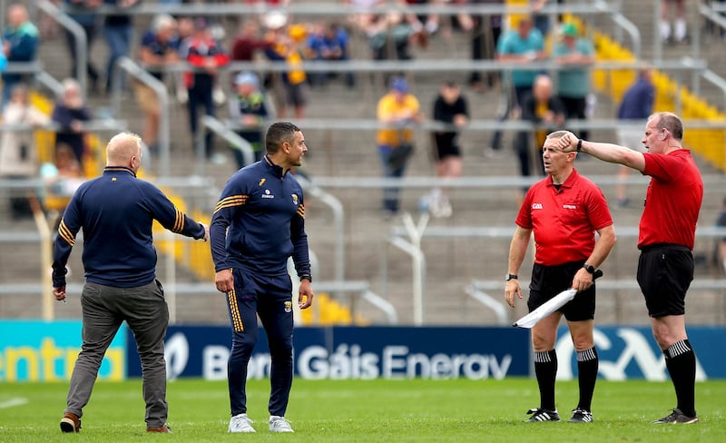 Wexford manager Keith Rossiter confronts referee Johnny Murphy at half-time in the Clare vs Wexford championship quarter-final in Semple Stadium in June. Photograph: Ryan Byrne/Inpho