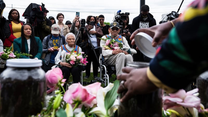 Viola Fletcher (centre left) and Hughes Van Ellis (centre right), survivors of the 1921 Tulsa race massacre, attend a soil collection ceremony to honour the remaining unknown victims of the massacre. Photograph: Joshua Rashaad McFadden/The New York Times