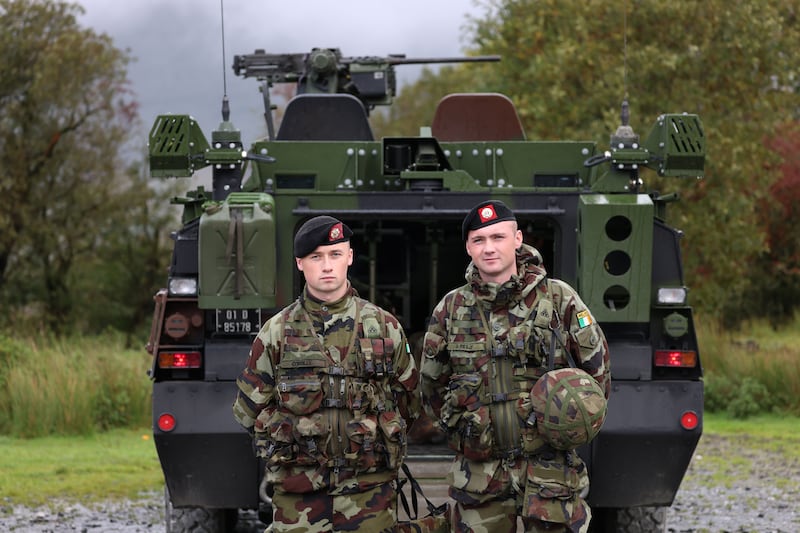 Brothers Pte Caolan O’Reilly and Pte Tiarnan O’Reilly, from Wexford, at the mission readiness training as 343 troops prepare for deployment to Lebanon. Photograph: Dara Mac Dónaill/The Irish Times









