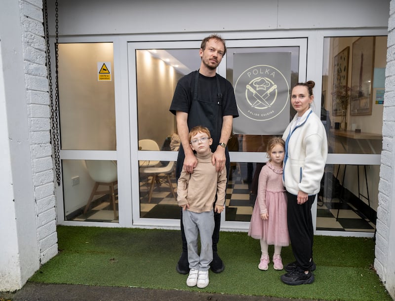 Łukasz and Iwona Slowik with their children, Oliwier and Lilianna, closing down the restaurant.  Photograph: Andrew Downes