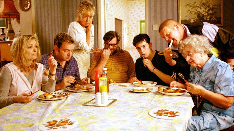 The cast of Royle Family, Denise (Caroline Aherne), Dave (Craig Cash), Barbara (Sue Johnston), Jim (Ricky Tomlinson), Anthony (Ralf Little), Twiggy (Geoffrey Hughes) and Nana (Liz Smith). Photograph: BBC