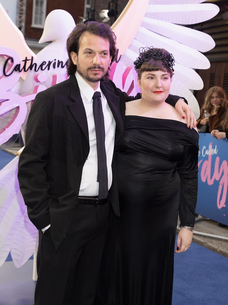 Lena Dunham and her husband Luis Felber attending the UK premiere of Catherine Called Birdy in London. Photograph: Suzan Moore