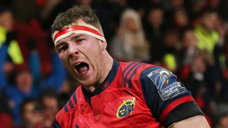 Munster’s Peter O’Mahony celebrates a try against Leicester at Thomond Park. The Tigers pack were smashed by O’Mahony, CJ Stander and the rest.   Photograph:  Niall Carson/PA