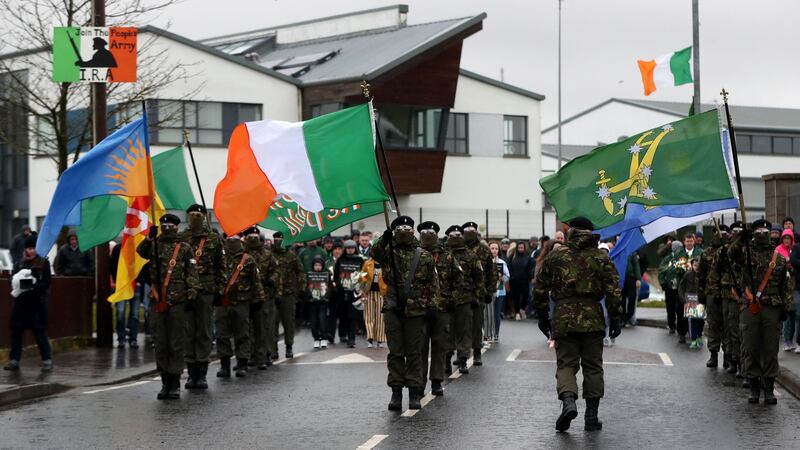 A republican colour party during an Easter Rising commemoration parade in the the Creggan area of Derry, Northern Ireland, on Monday. Photograph: Niall Carson/PA Wire