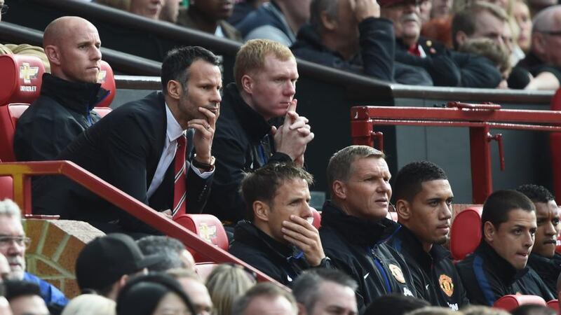 Interim Manchester United manager Ryan Giggs looks on from the dug out during the Barclays Premier League match against Norwich City at Old Trafford.  Photograph:  Laurence Griffiths/Getty Images