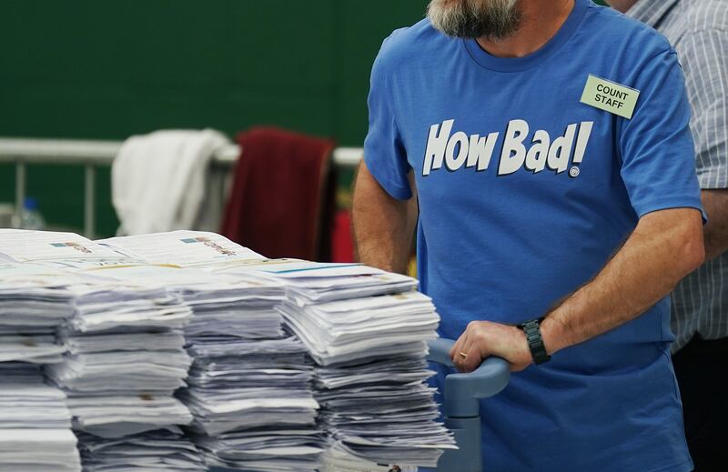 Stacks on stacks of ballot papers at the count centre at Nemo Rangers GAA club in Cork on Wednesday. Photograph: Brian Lawless/PA Wire