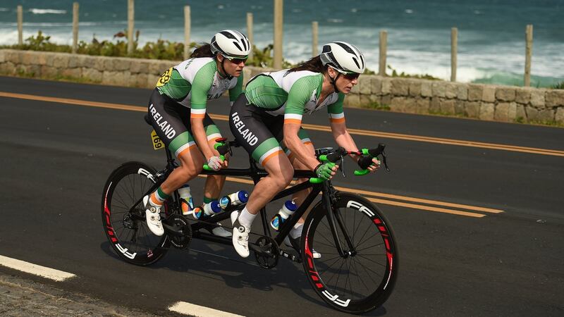 Katie-George Dunlevy  and pilot Eve McCrystal. Photo: Diarmuid Greene/Sportsfile