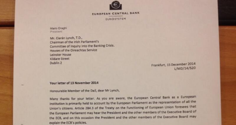 The letter sent by ECB president Mario Draghi to the inquiry.