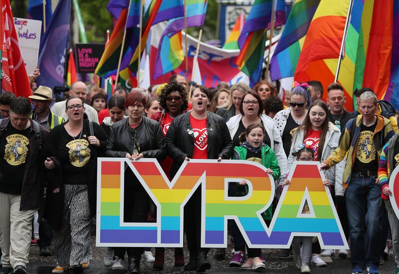 Sara Canning (centre) marching with protesters through Belfast city centre during a demonstration for same-sex marriage in the North.