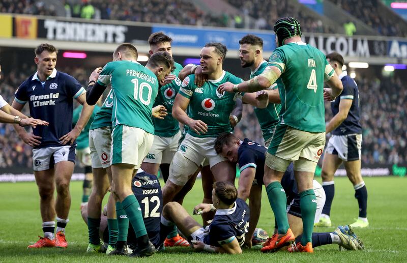 James Lowe celebrates his try with Dan Sheehan, Robbie Henshaw Hugo Keenan, James Ryan and Sam Prendergast. Photograph: Dan Sheridan/Inpho