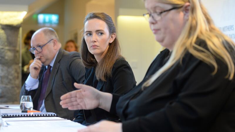 Claire McGettrick, co-director of the Clann Project,  right, with Dr Maeve O’Rourke, co-director, Clann Project, and Rod Baker, of Hogan Lovells. Photograph: Dara Mac Dónaill / The Irish Times