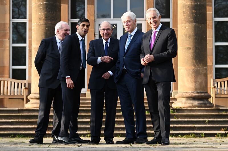 Former taoiseach Bertie Ahern, British prime minister Rishi Sunak, former US Senator George Mitchell, former US president Bill Clinton and former prime minister Tony Blair outside Hillsborough Castle, Co Down, ahead of a gala dinner at the end of the international conference marking the 25th anniversary of the Belfast Agreement. Photograph: Charles McQuillan/PA