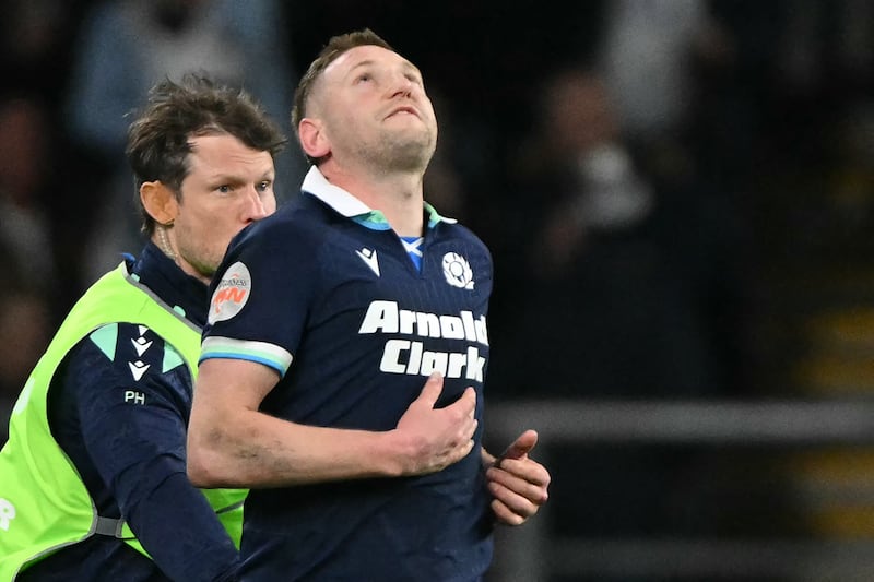 Scotland outhalf Finn Russell reacts after missing a late conversion during the Six Nations match against England at Twickenham. Photograph: Glyn Kirk/AFP via Getty Images          