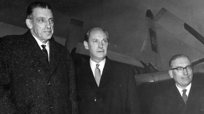 From left, the taoiseach,  Sean Lemass, the minister for industry and commerce, Jack Lynch, and TK Whitaker, Secretary of the Department  of Finance, in 1964.  Photograph: Jimmy McCormack / THE IRISH TIMES .