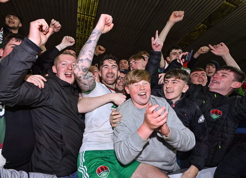 Cork City's Sean Maguire celebrates with supporters after the SSE Airtricity Men's First Division match against Wexford at Turner's Cross last month. Photograph: Sam Barnes/Sportsfile