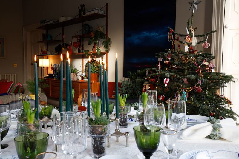 Diningroom table: The linen is from Tameko, designed by Space Copenhagen; the tableware is a mix of Royal Copenhagen designs, the dessert spoons inherited from Moyna's grandmother. The stemware is a mix of Louise Roe, Holmegaard and vintage dessert wine and port glasses. Photograph: Nick Bradshaw