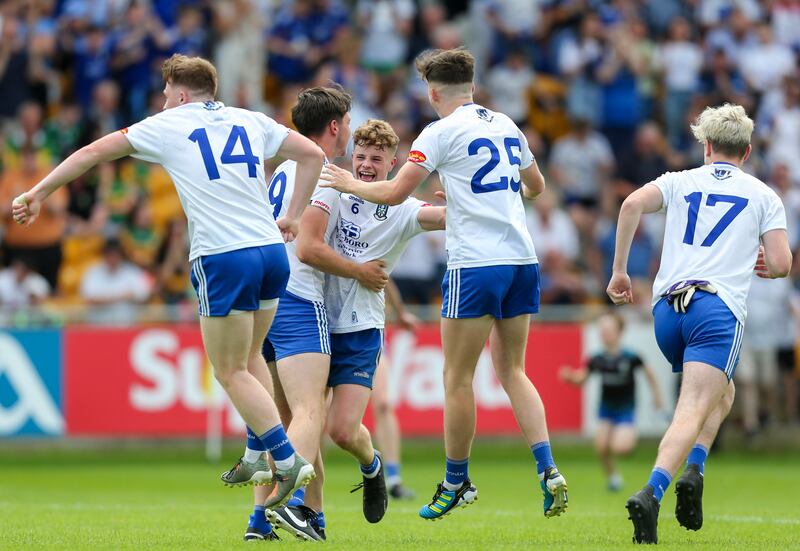 Monaghan players celebrate their All-Ireland minor championship semi-final win over Kerry at Glenisk O'Connor Park, Tullamore, Co Offaly on June 24th. Photograph: Ken Sutton/Inpho