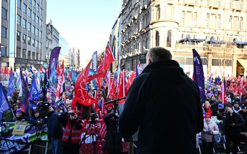 Workers take part in protest action in Belfast on Thursday. Photograph: Charles McQuillan/Getty