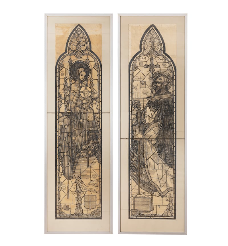 Harry Clarke, Our Lady and Child adored by St Aidan of Ferns and St Adrian (O'Keefe memorial), €30,000-€50,000