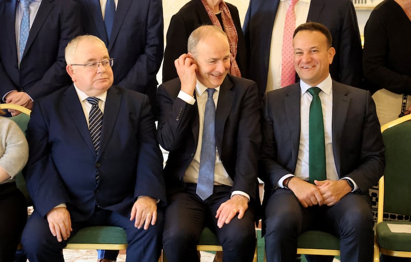 Ceann Comhairle Seán Ó Fearghaíl, Tánaiste Micheál Martin and Taoisesch Leo Varadkar attend the Council of State meting at the Áras an Uachtaráin in October 2023. Photograph: Nick Bradshaw 