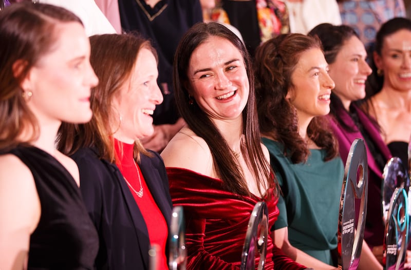 Irish Times Sportswoman of the Year 2024 Kellie Harrington with (l-r) Ciara Mageean, Fionnuala McCormack, Linda Kelly, Katie-George Dunlevy and Eve McCrystal. Photograph: Tom Maher/Inpho