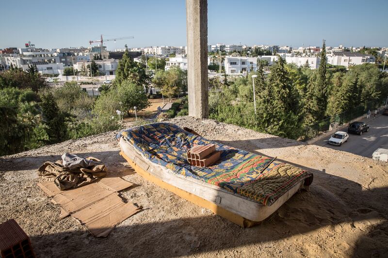 A mattress in the unfinished building in Tunis where migrants are temporarily staying. Photograph: Sally Hayden