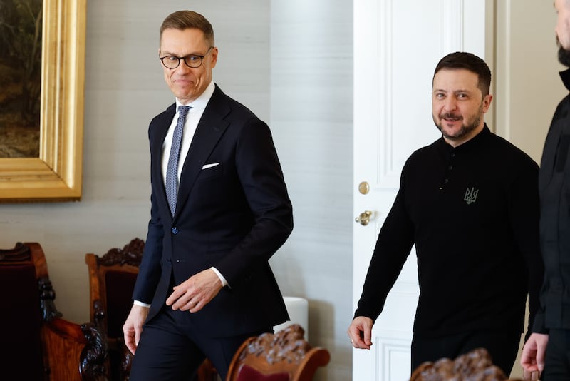 Alexander Stubb, Finland's president (L), and Volodymyr Zelenskiy, Ukraine's president, during a meeting in Helsinki, Finland, on Wednesday, March 19th, 2025. Photograph: Roni Rekomaa/Bloomberg