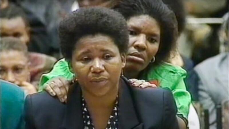 Nyameka Goniwe testifying before the Truth and Reconciliation Commission in 1996. Photograph: Long Night’s Journey into Day, via Youtube