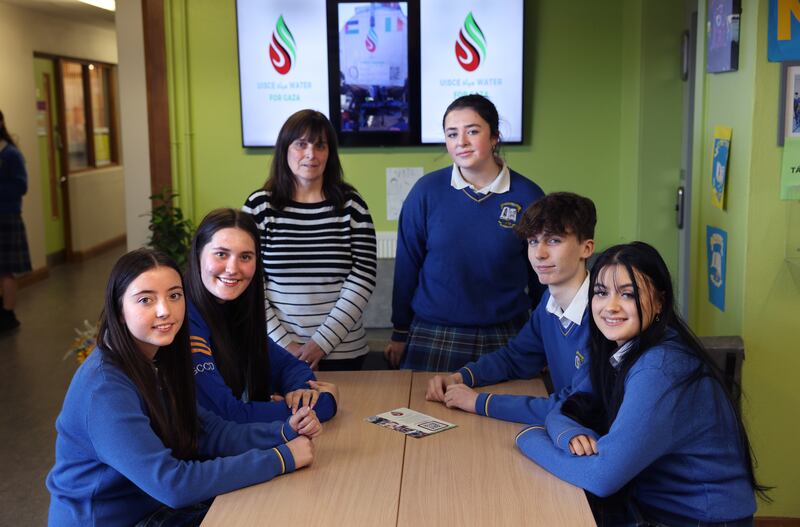 Some of the Uisce for Gaza organisers with teacher Siobhain Grogan: from left, Caoimhe Ní Mhuirchéartaigh, Megan Ní Choisdealbha, Saoirse Ní Choileáin, Seán Ó Cuinnegáin and Sarah Ní Chatháin, all students at Gaelcholáiste Chill Dara, Naas, Co Kildare. Photograph: Dara Mac Dónaill/The Irish Times







