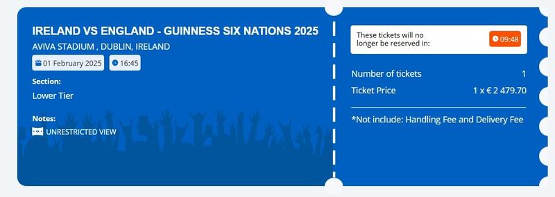 Tickets for Ireland's Six Nations opening match against England next month are being sold for almost €2,500 on the ticketing site Seatsnet.