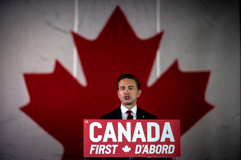 Canada's Conservative Party leader Pierre Poilievre speaks at a 'Canada First' rally in Ottawaon February 15th. Photograph: Andrej Ivanov/Getty Images