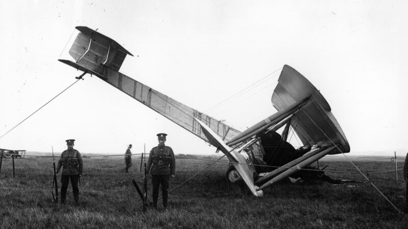 Alcock and  Brown: The Vicker Vimy bomber aeroplane landed in Clifden, Co Galway. Photo by Topical Press Agency/Getty Images