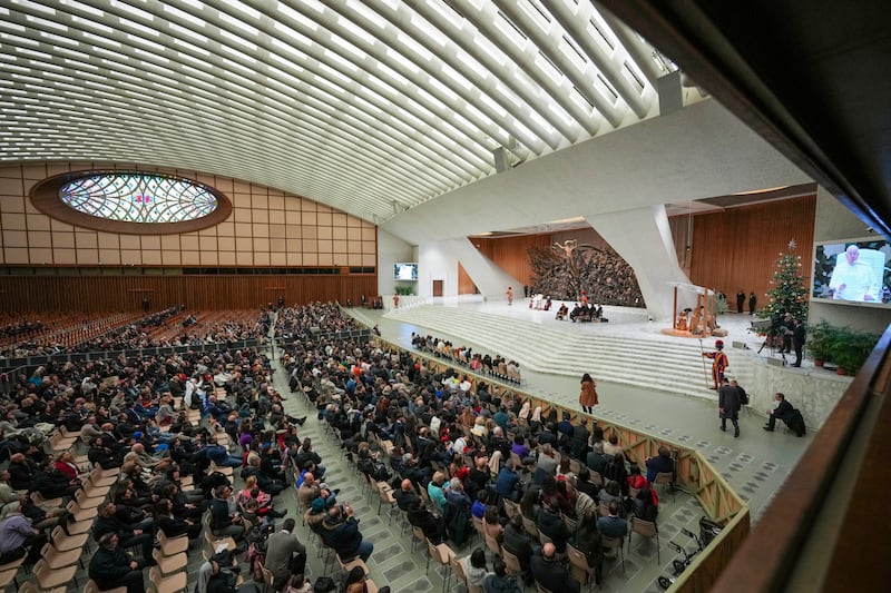 Pope Francis addresses workers at the Vatican. Photograph: Andrew Medichini/AP