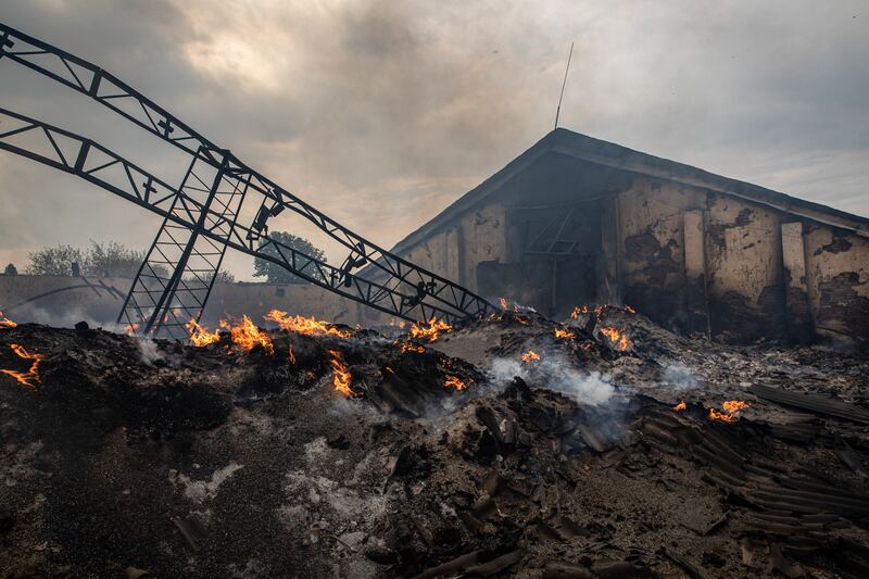 Ruins of grain and destroyed infrastructure after Russian airstrikes in Sivers'k, Donbas. Photograph: Alex Chan/Sopa Images/LightRocket via Getty Images