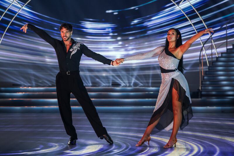 Actor Yasmin Seky with dance partner Simone Arena during Dancing with the Stars.
Photograph: Kyran O’Brien/kobpix 
