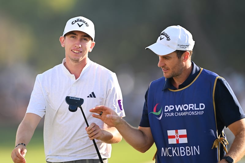 Tom McKibbin on the 18th green after completing his final round at the DP World Tour Championship in Dubai. Photograph: Ross Kinnaird/Getty Images