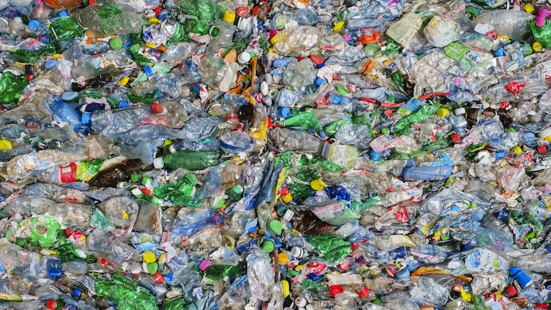 Crushed plastic bottles at a recycling sorting facility in Switzerland