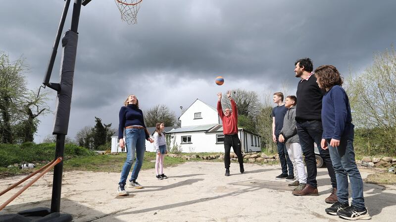 Rebecca, Nancy, Mamuka, Bruce, Vakhtanh, Will and Ralph having a game of basketball together. Photograph: Lorraine Teevan