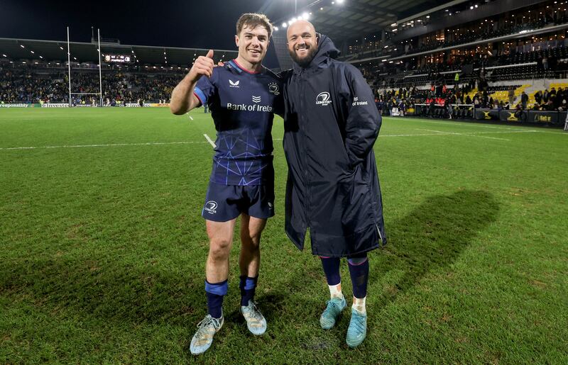 Leinster's Luke McGrath and Jamison Gibson-Park celebrate the recent win over La Rochelle at Stade Marcel Deflandre, La Rochelle. Photograph: James Crombie/Inpho