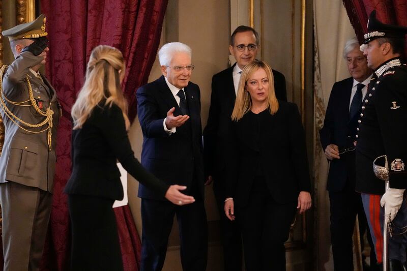 Italian president Sergio Mattarella and Italian premier Giorgia Meloni prior at the Quirinal presidential palace. Photograph: Alessandra Tarantino/AP