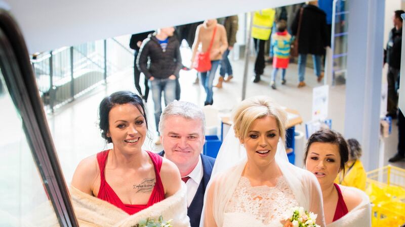 Celina and her bridesmaids on the escalator in Ikea on ‘Don’t Tell The Bride’. Photograph: RTE